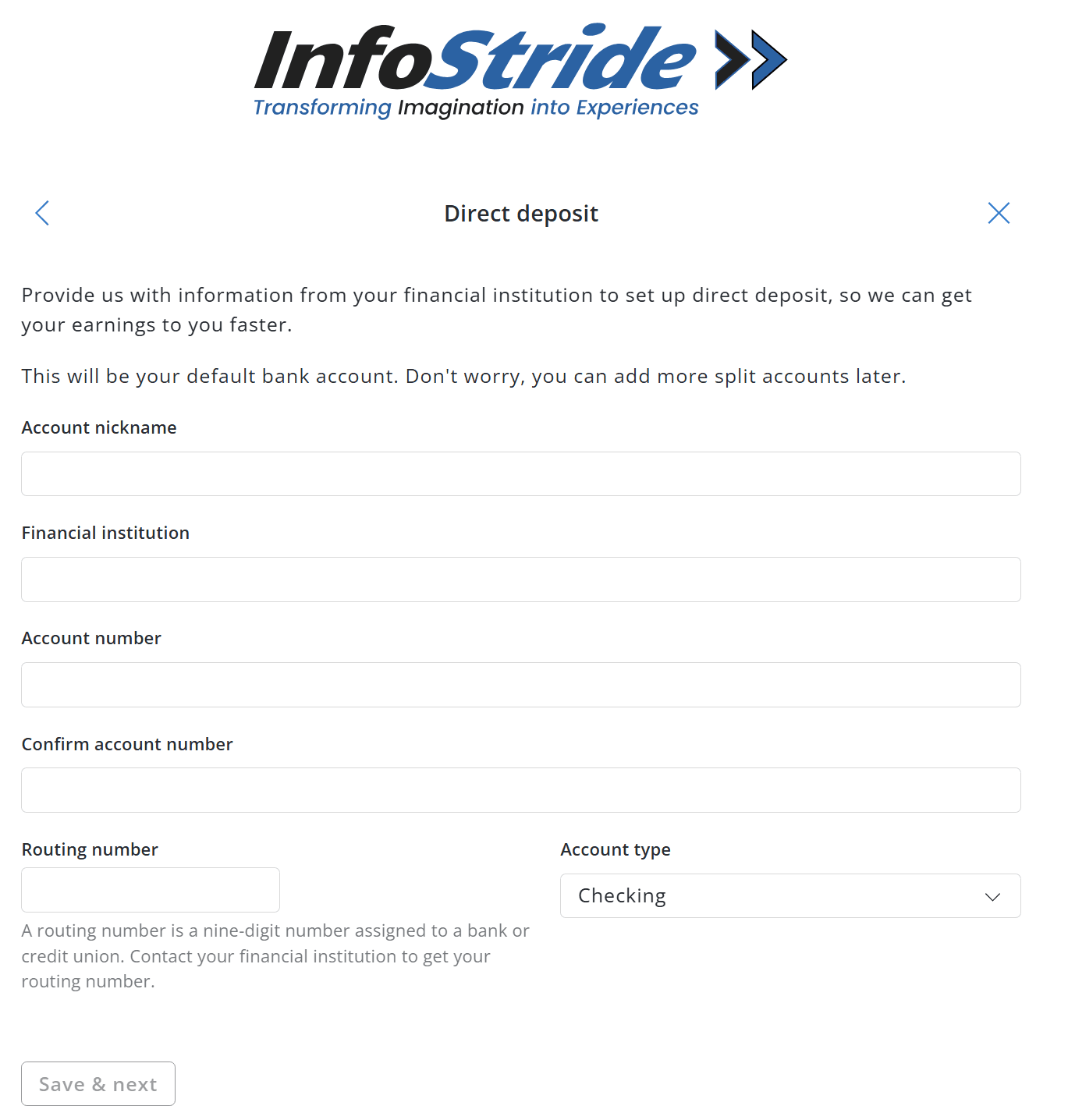 Direct Deposit Bank Details page
